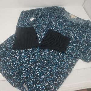 Michael Kors Blouse with Pleated Cuffs Floral Blue and Black Pattern Size Small